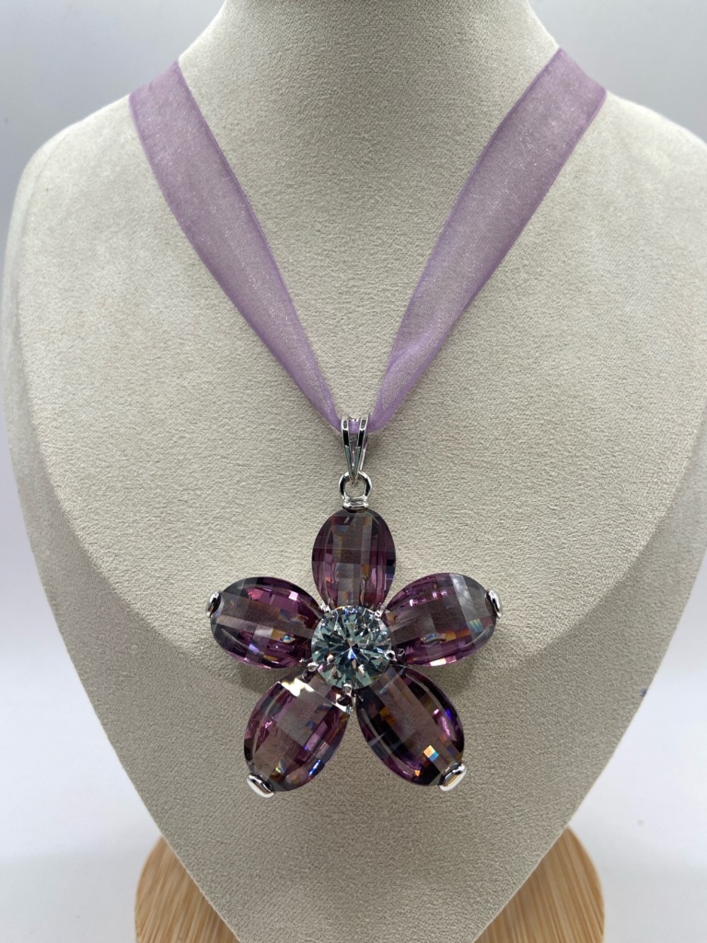 Sterling Silver Purple Crystal Flower Cluster Pendant Necklace Organza Ribbon